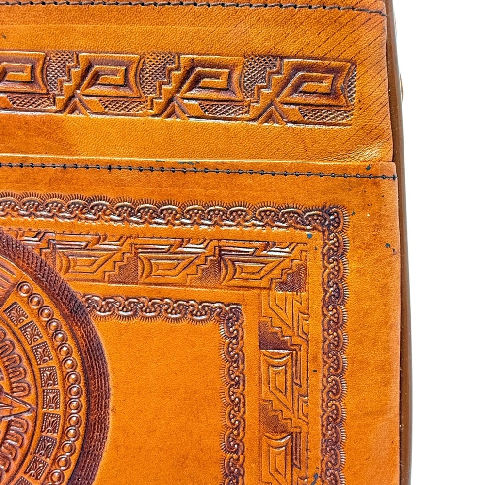 Vintage Mexican Hand Tooled Leather Shoulder Bag Aztec Mayan Warrior Sun Purse - Picture 9 of 13